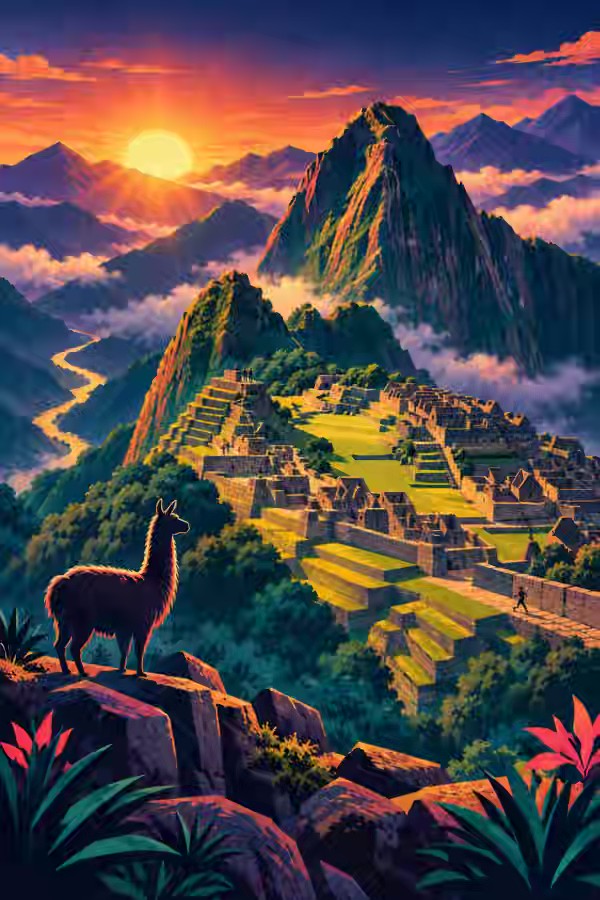 Postal ilustrada de la ruta Camino Inca