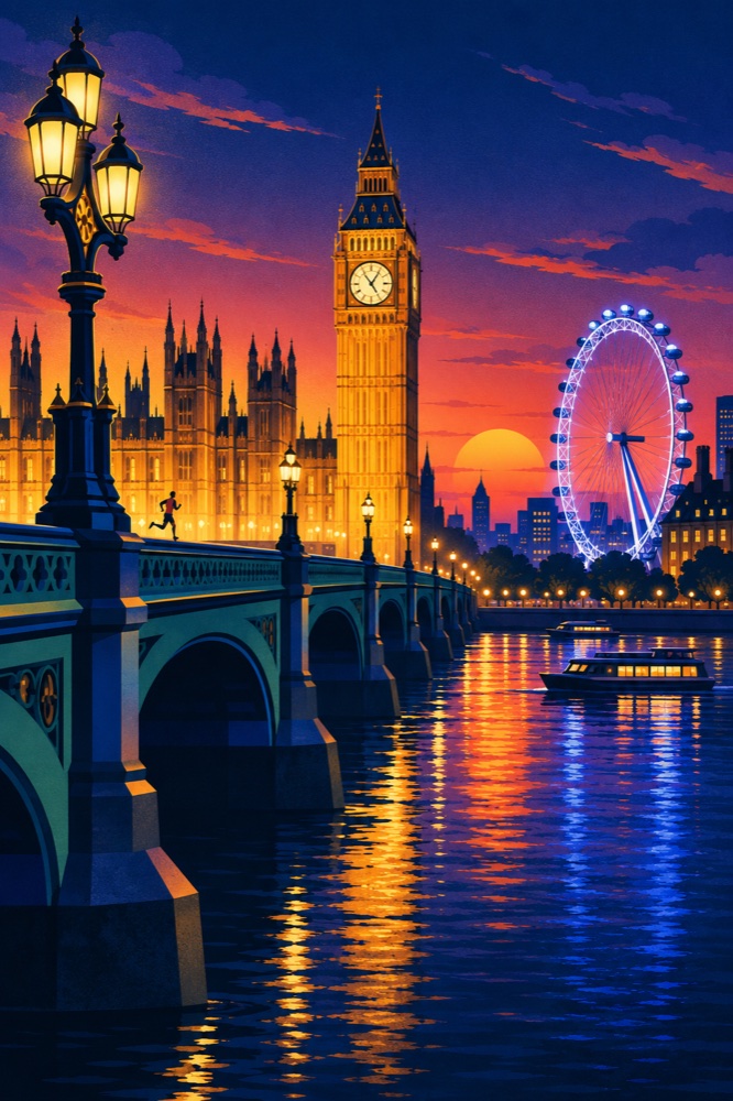 Postal ilustrada de Londres con Big Ben y el London Eye